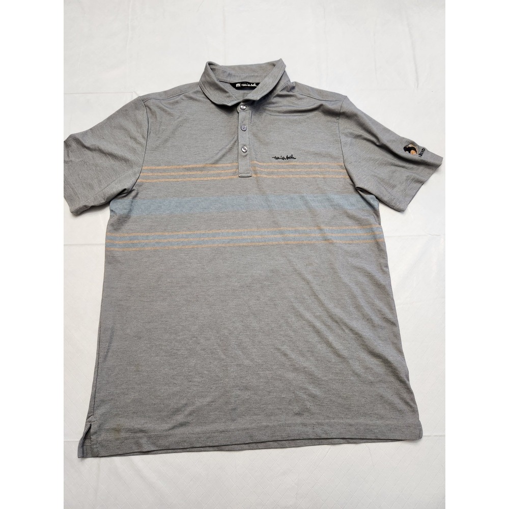 Travis Mathew Polo Shirt Mens Large‎ Grey Striped Golf Eagle Bend Embroider Peru